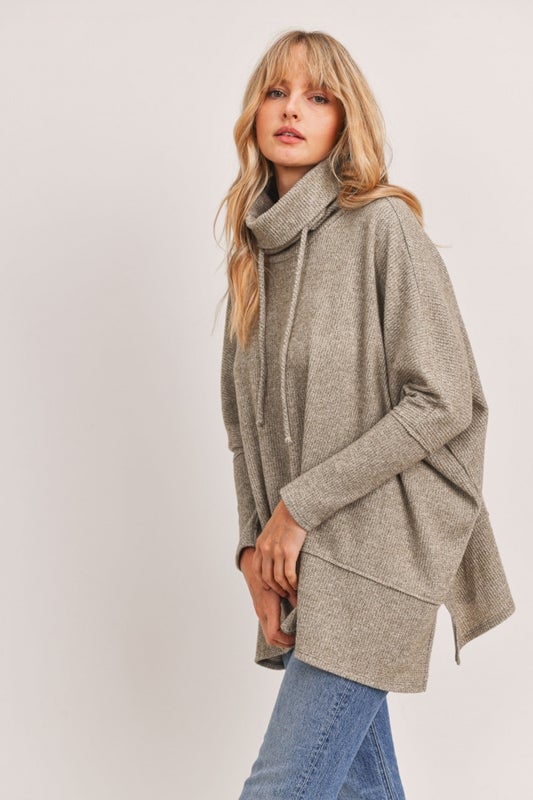Cherish Brushed Thermal Drawstring Turtleneck Top - Heather Olive