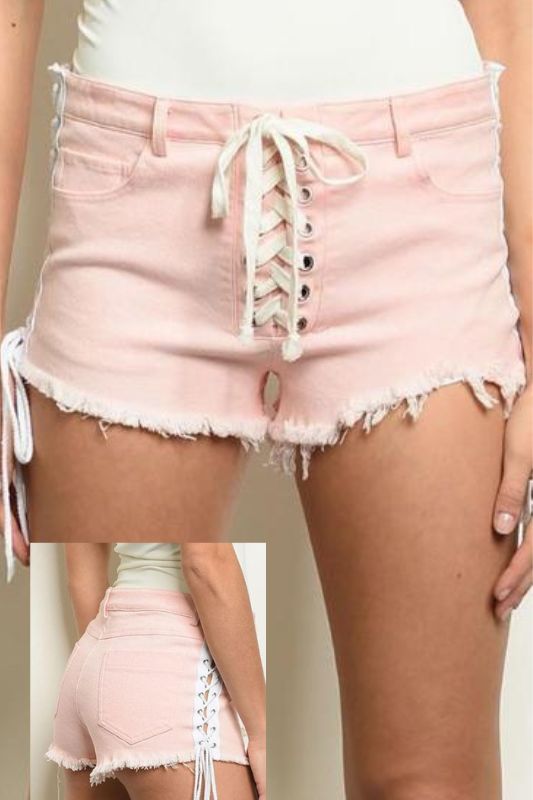 Shoelace Distressed Cut Off Shorts - Baby Pink