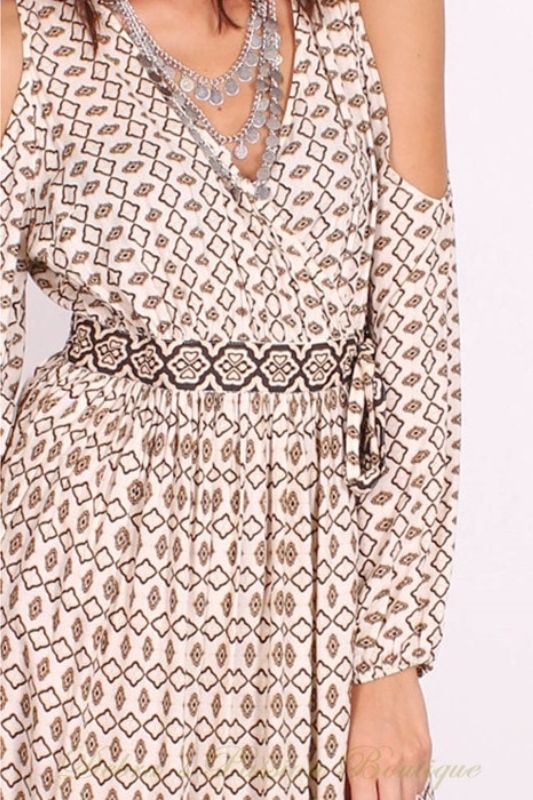 Boho Chic Cold Shoulder Maxi Dress – Neutral Print