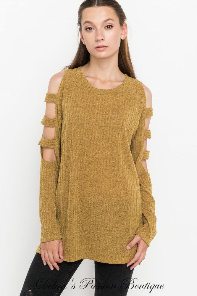*CLOSEOUT SALE Mittoshop Cut Out Sleeve Ribbed Knit Top - Mustard