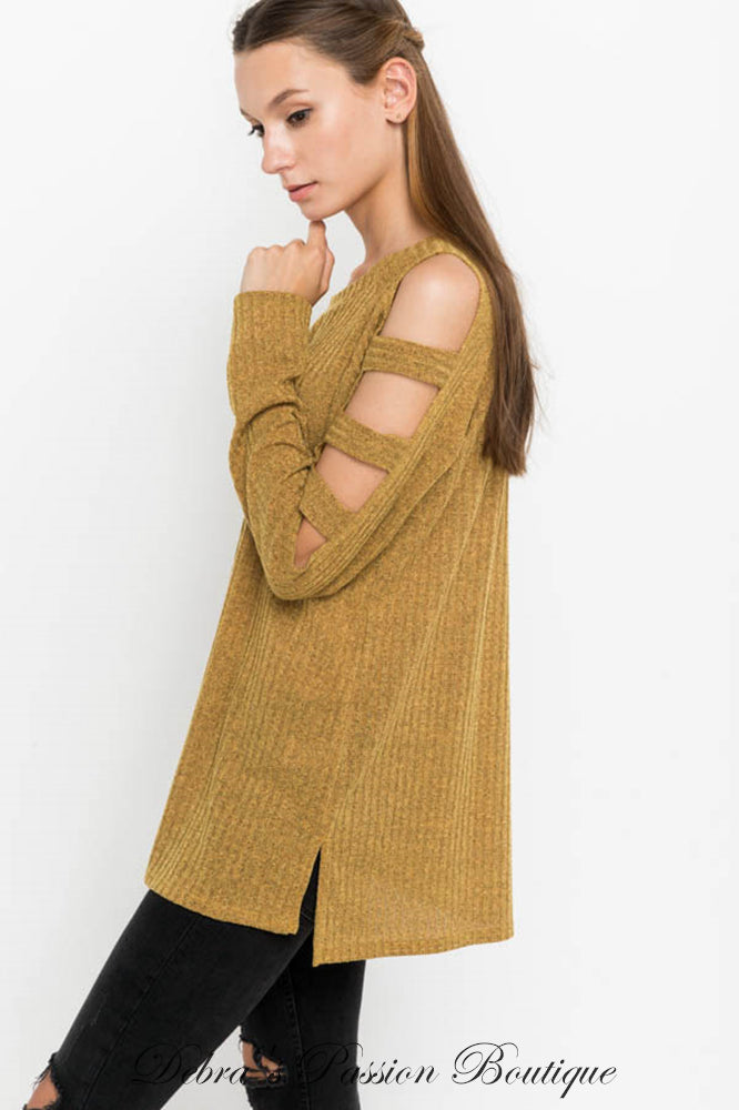 *CLOSEOUT SALE Mittoshop Cut Out Sleeve Ribbed Knit Top - Mustard