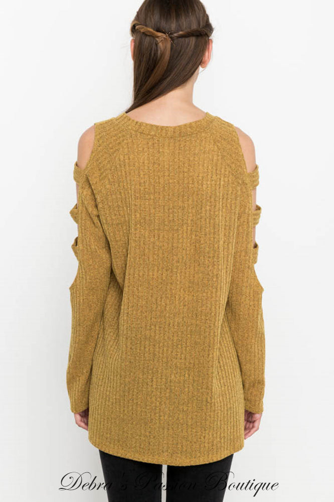 *CLOSEOUT SALE Mittoshop Cut Out Sleeve Ribbed Knit Top - Mustard