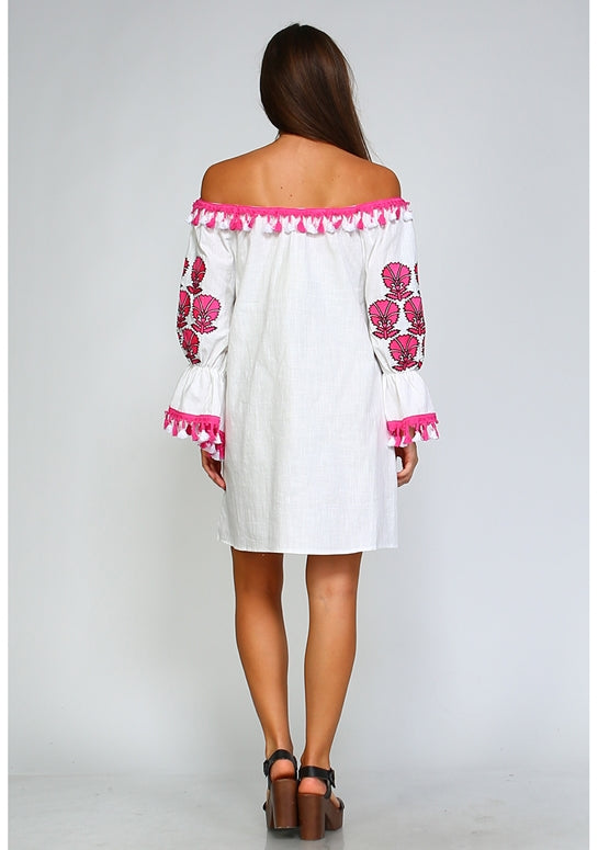 Velzera Off Shoulder Embroidered Dress - Fuchsia