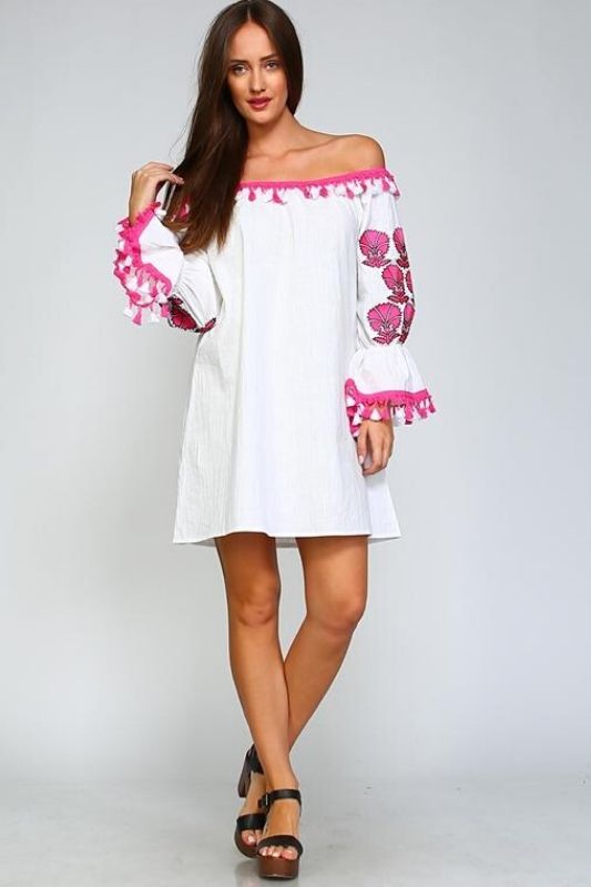 Velzera Off Shoulder Embroidered Dress - Fuchsia