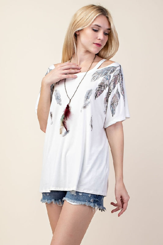 Vocal Cut Out Shoulder Feathers T Shirt - Off White
