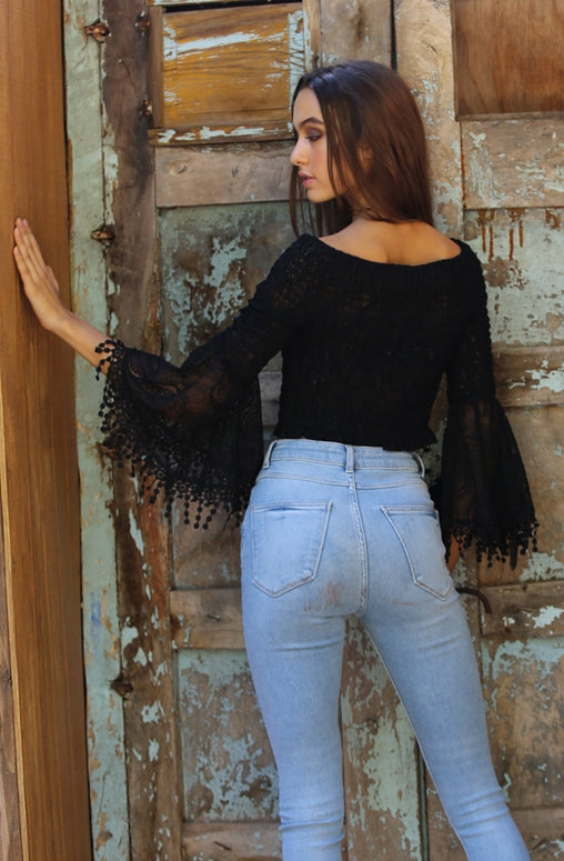 Angie Shirred Bell Sleeve Crop Top - Black