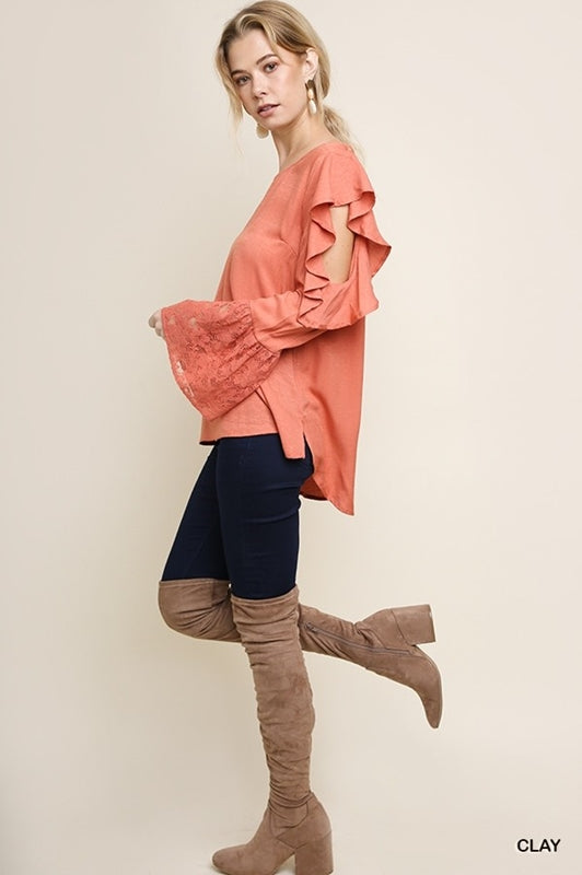 Ruffle Cold Shoulder Blouse - Clay