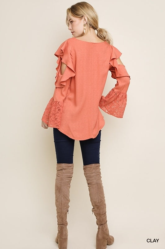 Ruffle Cold Shoulder Blouse - Clay