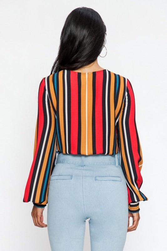 Flying Tomato Striped Wrap Crop Blouse