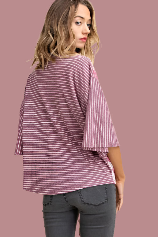 Mittoshop Short Kimono Sleeve Striped Top - Burgundy