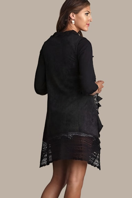 Umgee Suede Crochet Lace Vest - Black