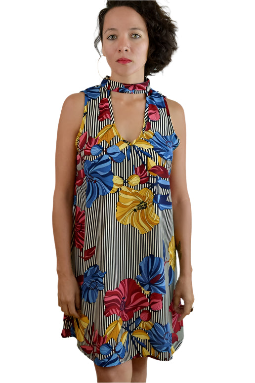 Barcelona Floral Choker Dress - Ivory Black