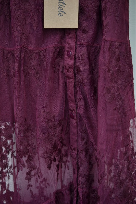 Embroidered Mesh Lace Maxi Mini Skirt - Burgundy