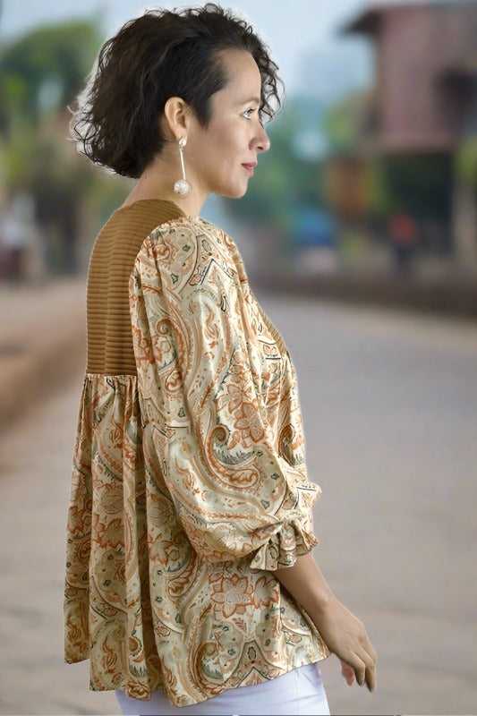 Jodifl Paisley Peasant Yoke Blouse - Rust Camel