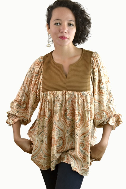 Jodifl Paisley Peasant Yoke Blouse - Rust Camel