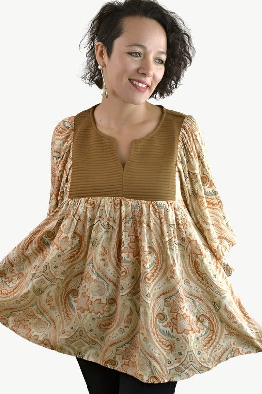 Jodifl Paisley Peasant Yoke Blouse - Rust Camel