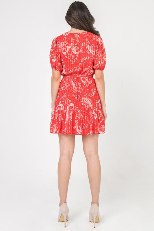 Paisley Swirl Print Pleat Illusion Dress - Red