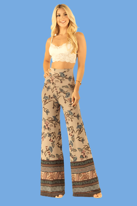 Nastasha Floral Print Palazzo Pants - Taupe