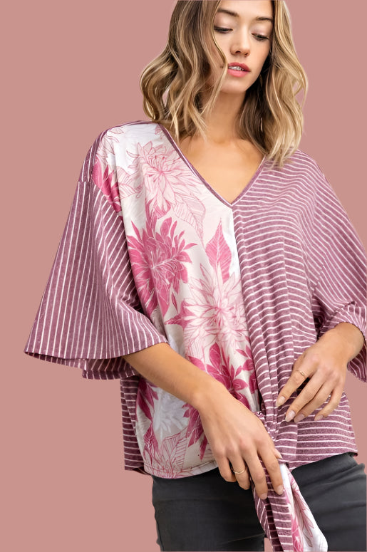 Mittoshop Short Kimono Sleeve Striped Top - Burgundy