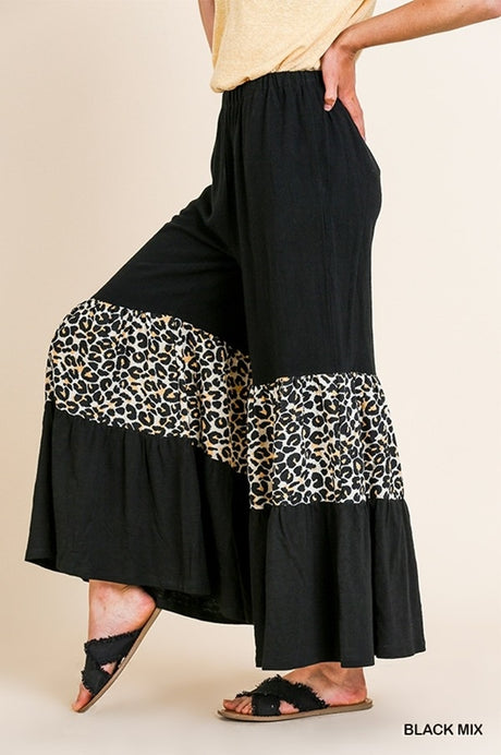 Umgee Leopard Ruffle Ankle Pants - Black