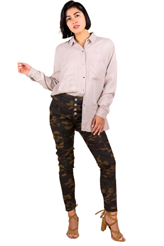 P Cill Camo Skinny Jegging Button Pants - Olive