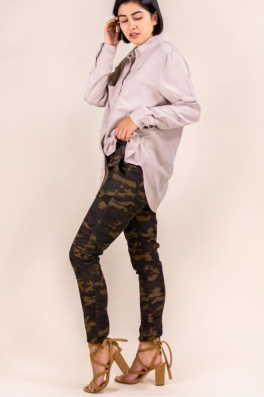 P Cill Camo Skinny Jegging Button Pants - Olive