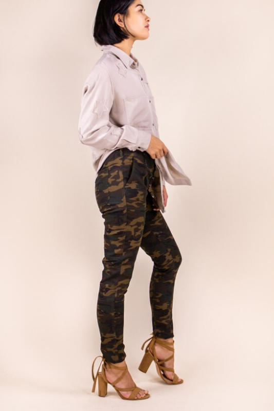 P Cill Camo Skinny Jegging Button Pants - Olive