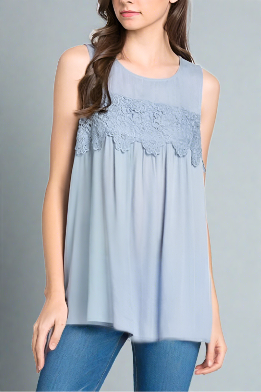Mittoshop Flower Applique Sleeveless Top - Chambray Blue