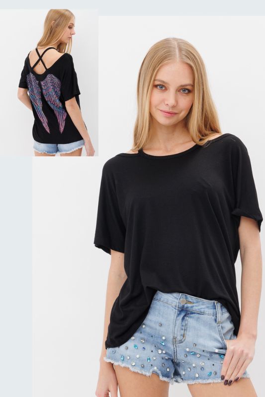 Vocal Criss Cross Top with Bling Rhinestone Wings - Black