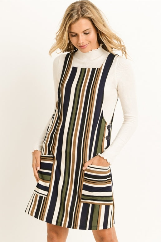 Gilli Striped Jumper Overalls Dress w/ Pockets - Navy Olive
