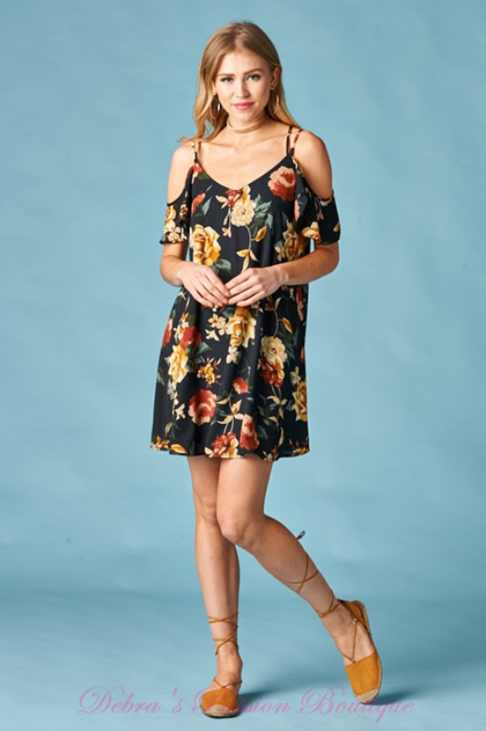 Sweet Floral Flutter Sleeves Dress - Black