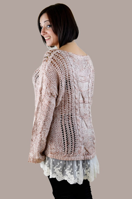 Open Knit Lace Hem Tunic Sweater - Mauve Multi