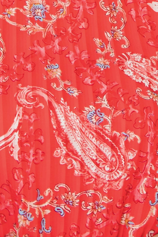 Paisley Swirl Print Pleat Illusion Dress - Red