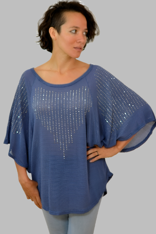 Bianca Angel Sleeve Dolman Heart Rhinestones Top - Denim Blue