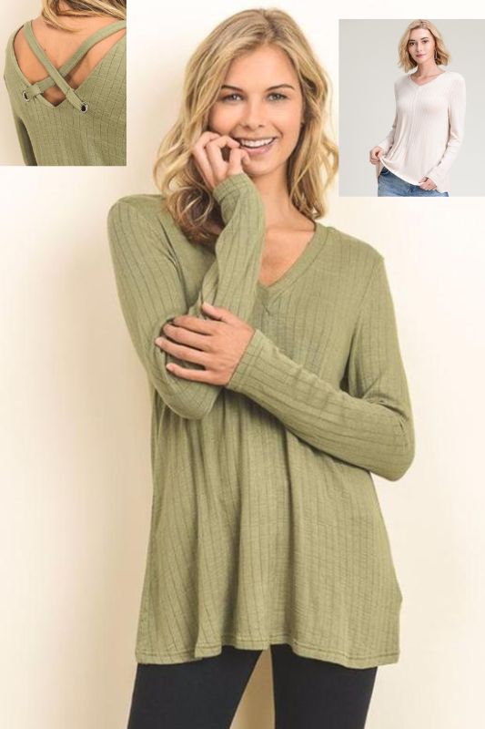 Doe & Rae Ribbed V Neck Cross Back Top - Avocado or Taupe