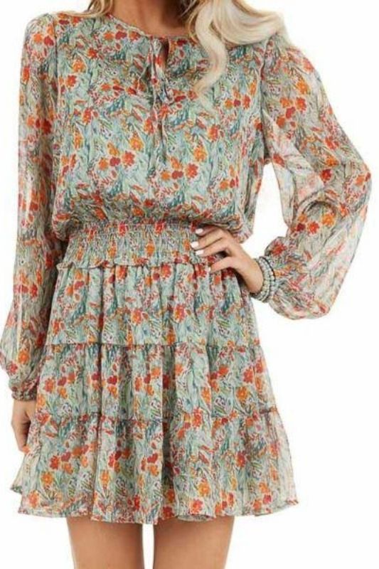 Easel Smocked Chiffon Layer Dress - Mint/Tangerine