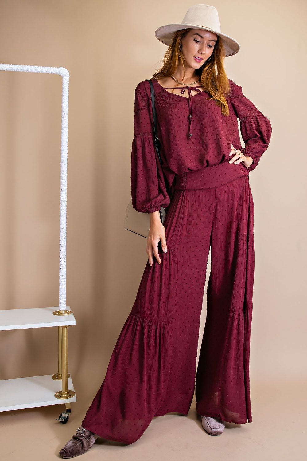 Easel Swiss Dot Wide Palazzo Pants - Deep Plum