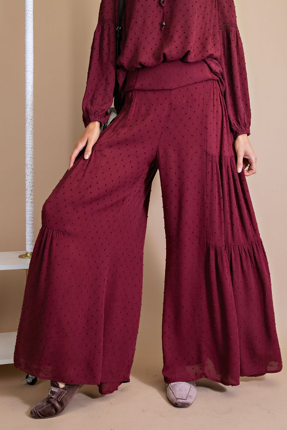 Easel Swiss Dot Wide Palazzo Pants - Deep Plum
