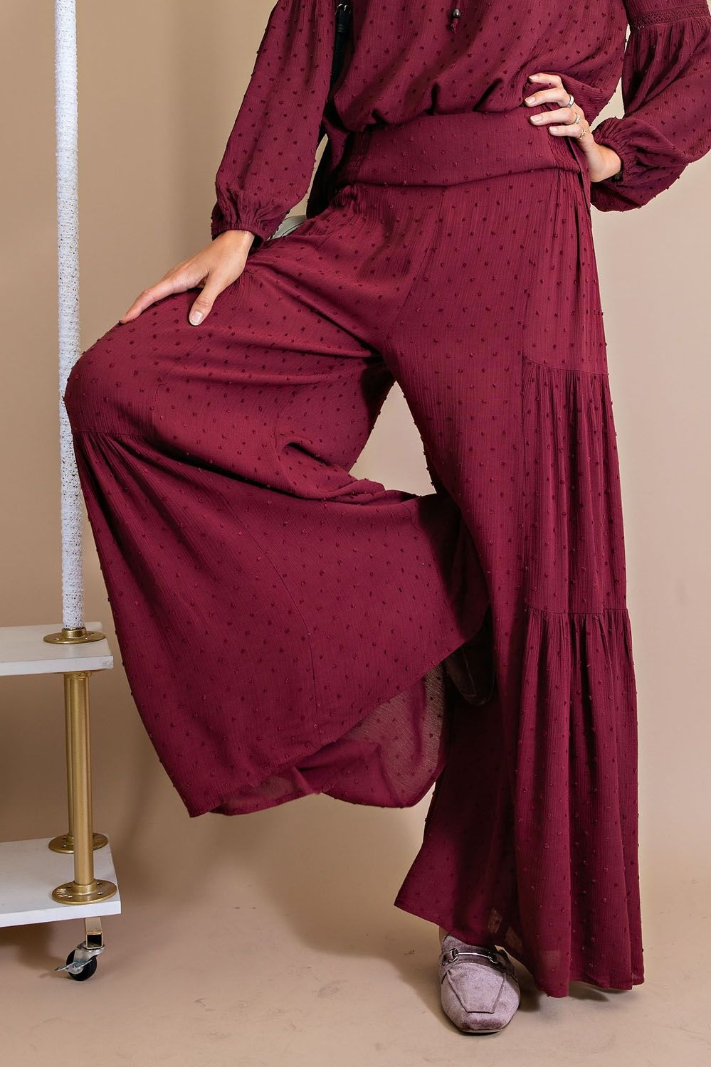 Easel Swiss Dot Wide Palazzo Pants - Deep Plum