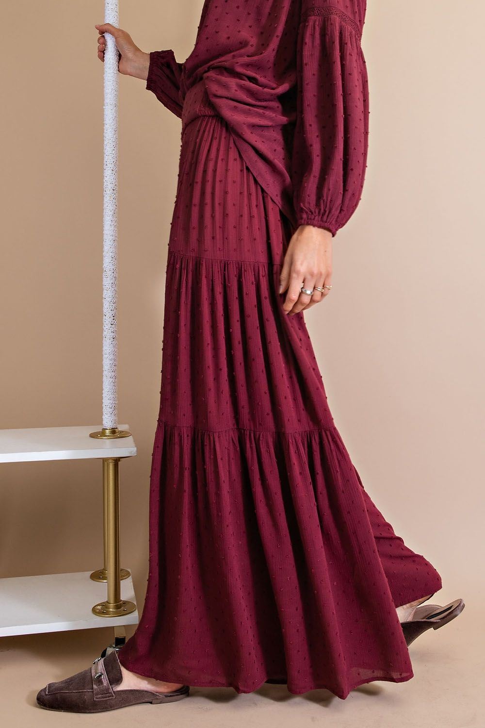 Easel Swiss Dot Wide Palazzo Pants - Deep Plum