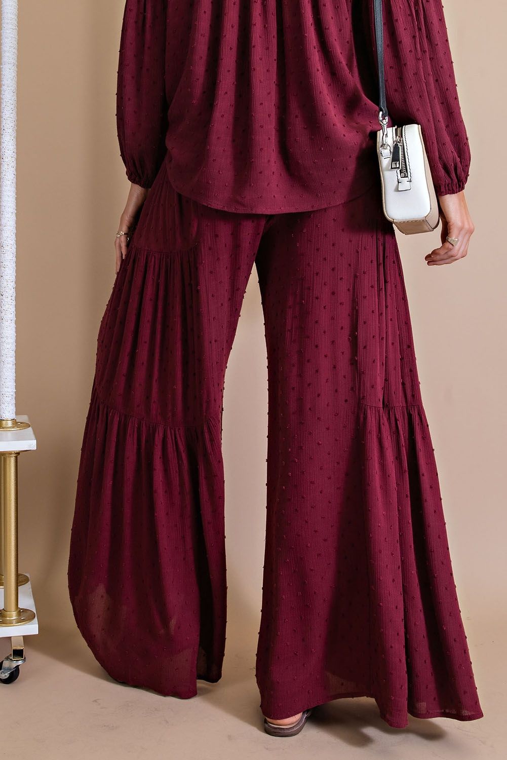 Easel Swiss Dot Wide Palazzo Pants - Deep Plum