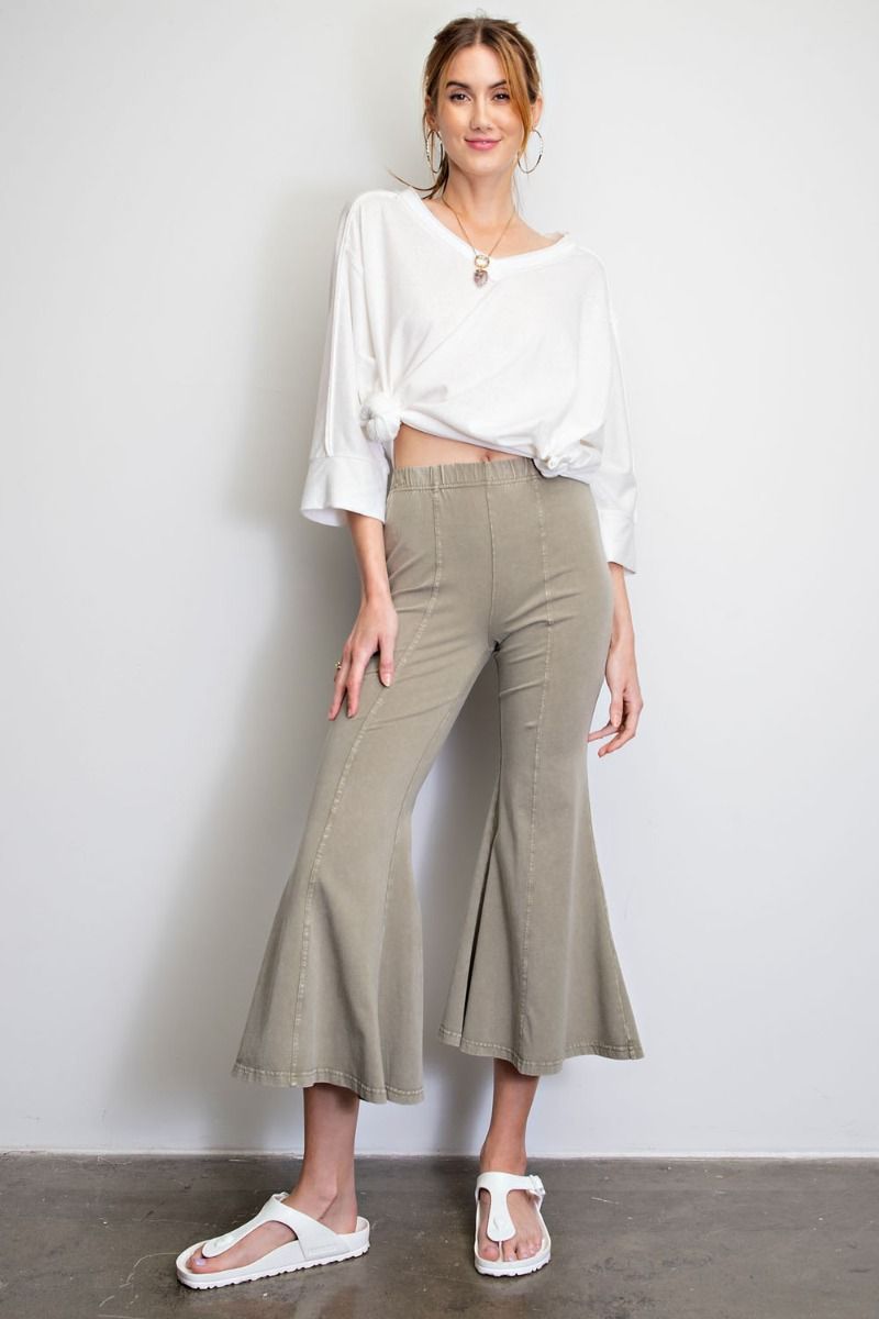 Easel Capri Mineral Wash Bell Pants - Sage Grey