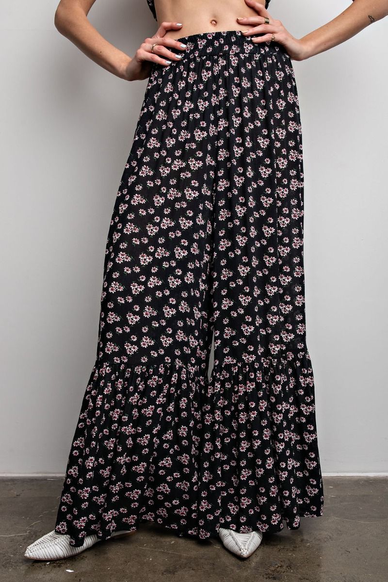 Easel Ditsy Boho Daisy Print Palazzo Pants - Black