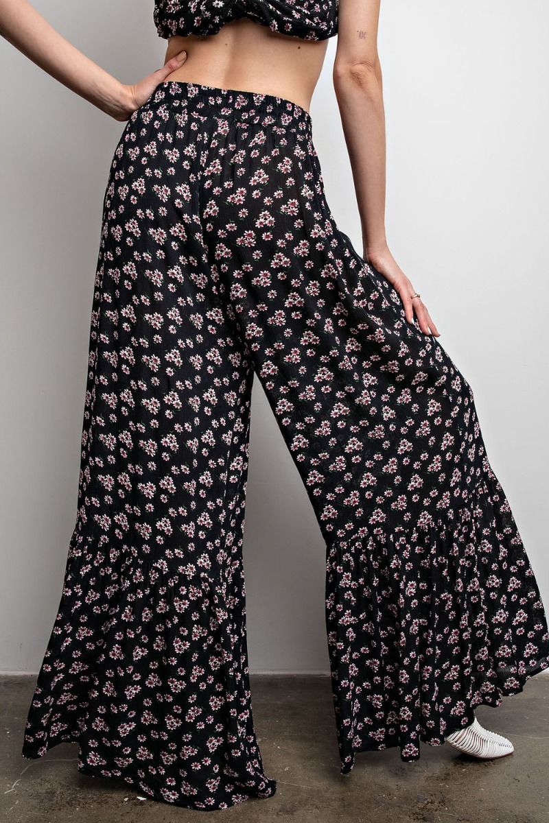 Easel Ditsy Boho Daisy Print Palazzo Pants - Black