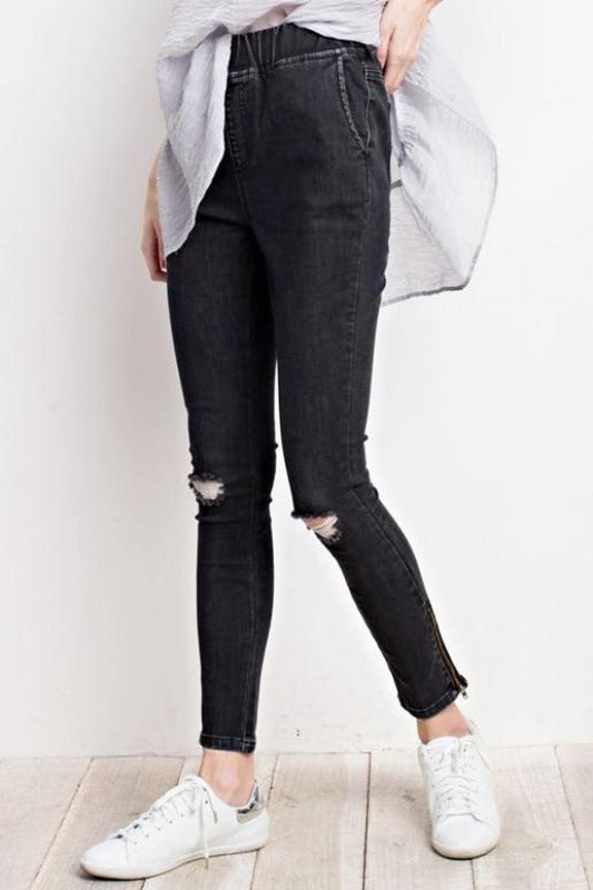 Easel Rip Knee Ankle Zipper Leggings - Washed Black