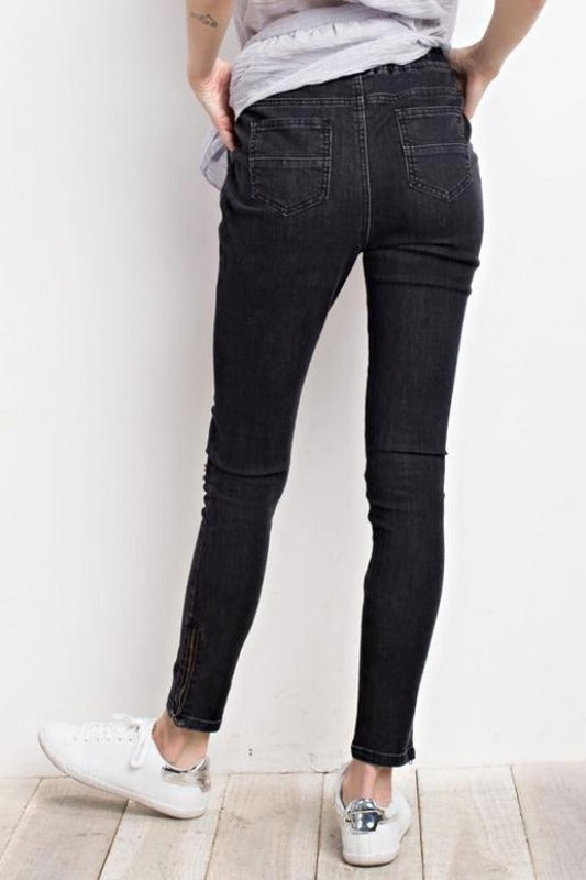 Easel Rip Knee Ankle Zipper Leggings - Washed Black