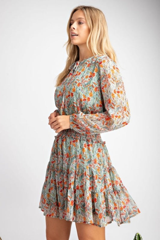 Easel Smocked Chiffon Layer Dress - Mint/Tangerine