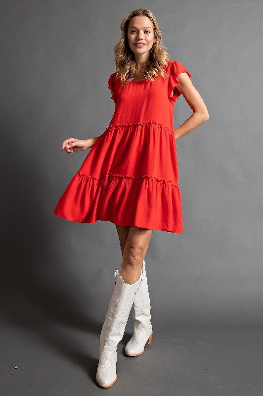 Easel Ruffle Babydoll Dress - Red