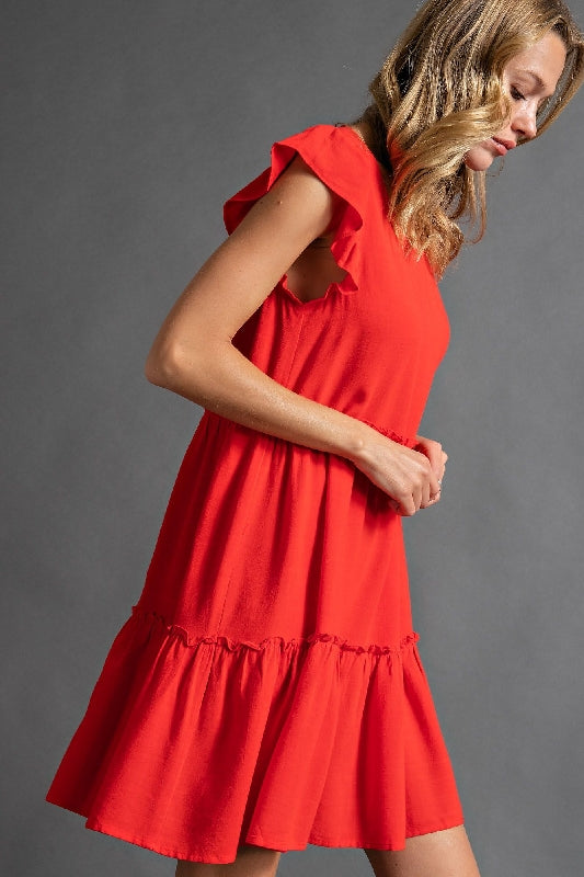 Easel Ruffle Babydoll Dress - Red