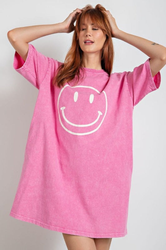 Easel Mineral Wash Smiley Cotton Dress - Pink